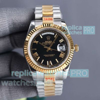 Replica Rolex Day-Date II 41 Black Roman Dial 8215 Two-tone president watch 